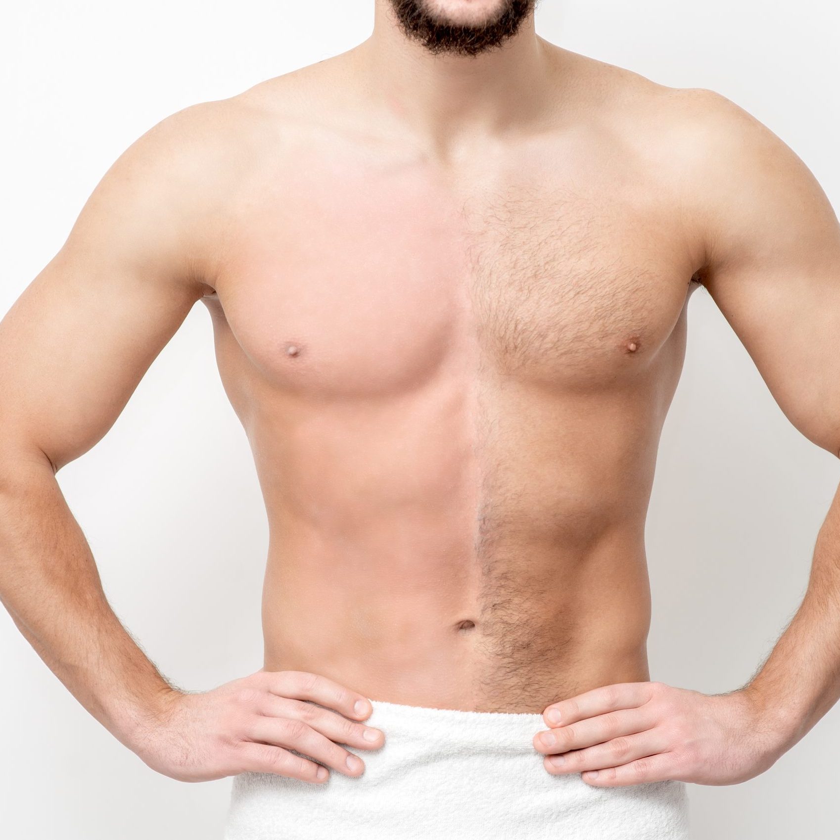 Young caucasian man with bare chested before and after waxing his hair stands on white background