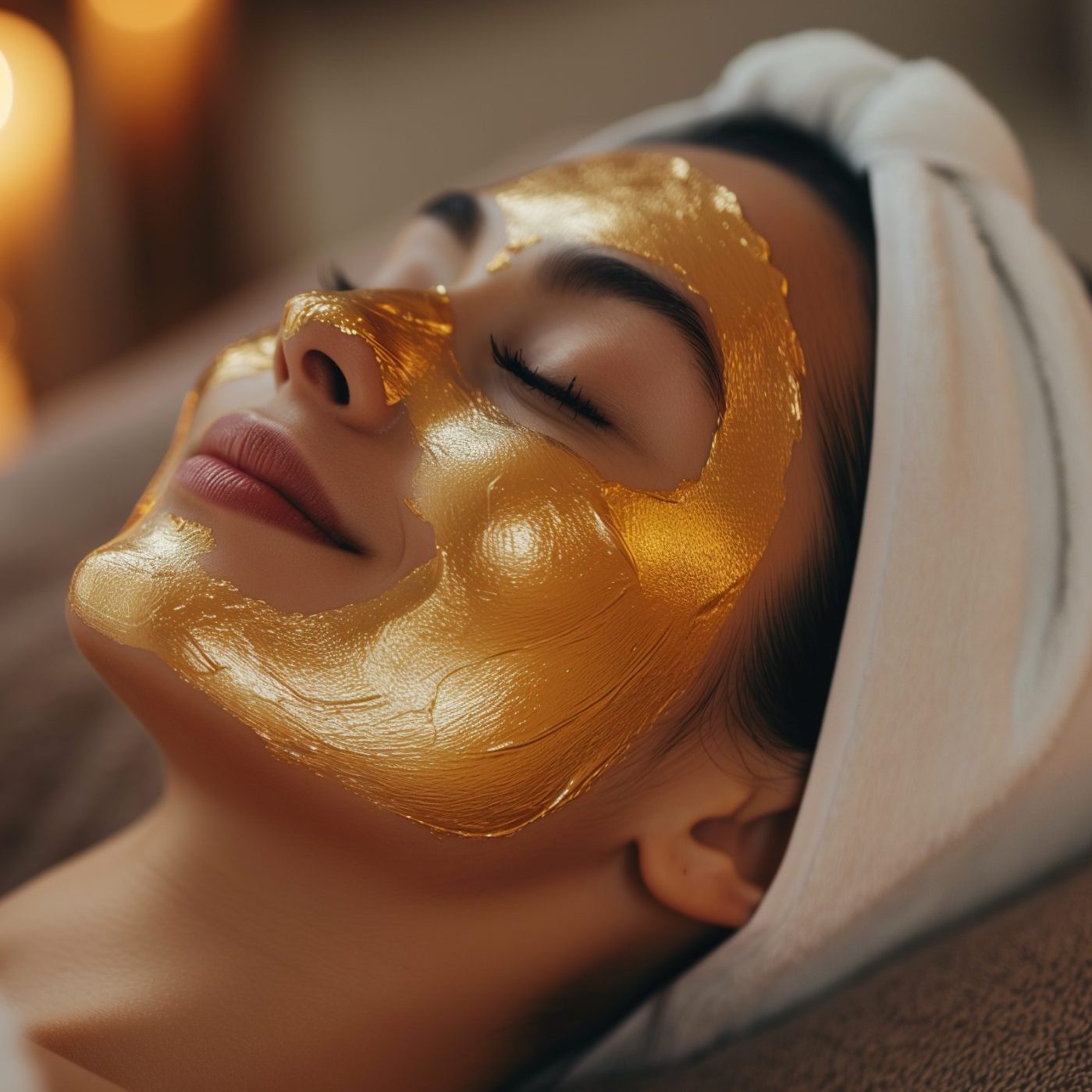 Woman relaxing with a luxurious gold facial mask at a day spa